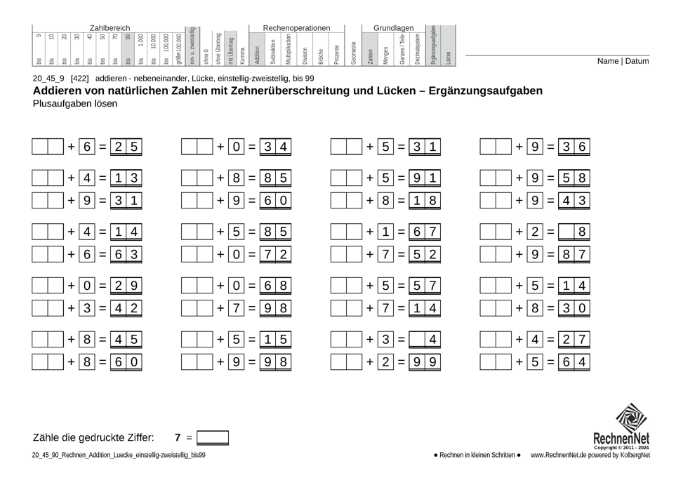 20_45_9 Rechnen Addition Lücke einstellig-zweistellig bis99