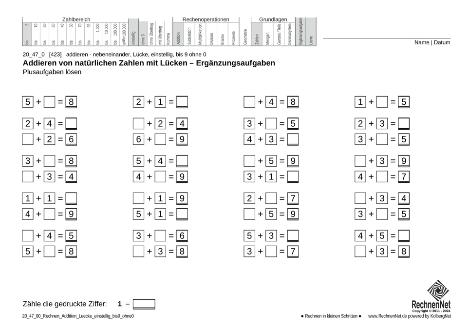 20_47_0 Rechnen Addition Lücke einstellig bis9 ohne0
