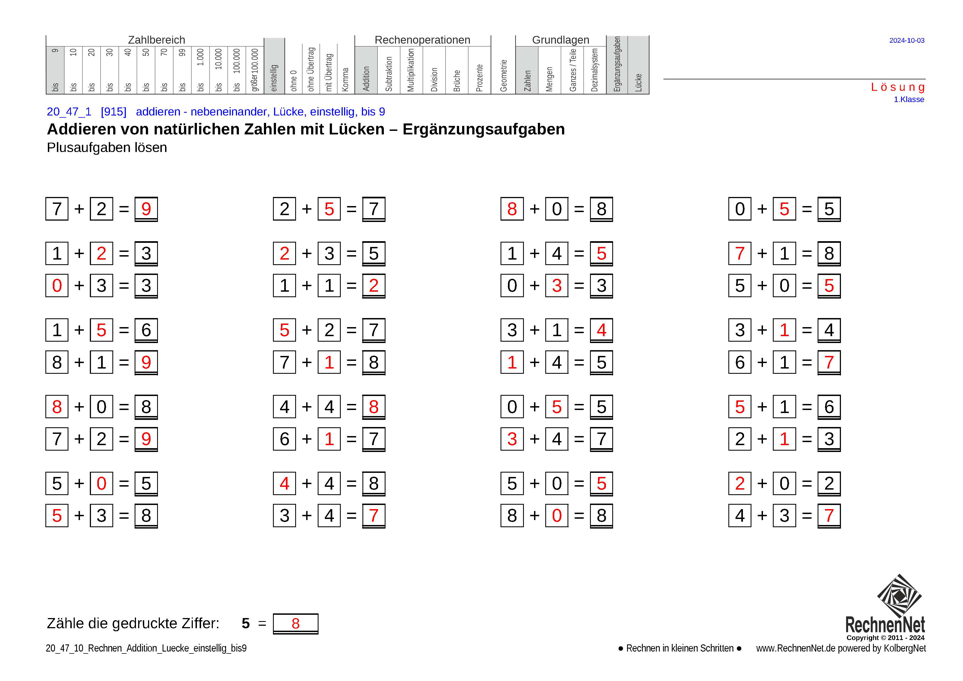 Lösung: 20_47_1 Rechnen Addition Lücke einstellig bis9