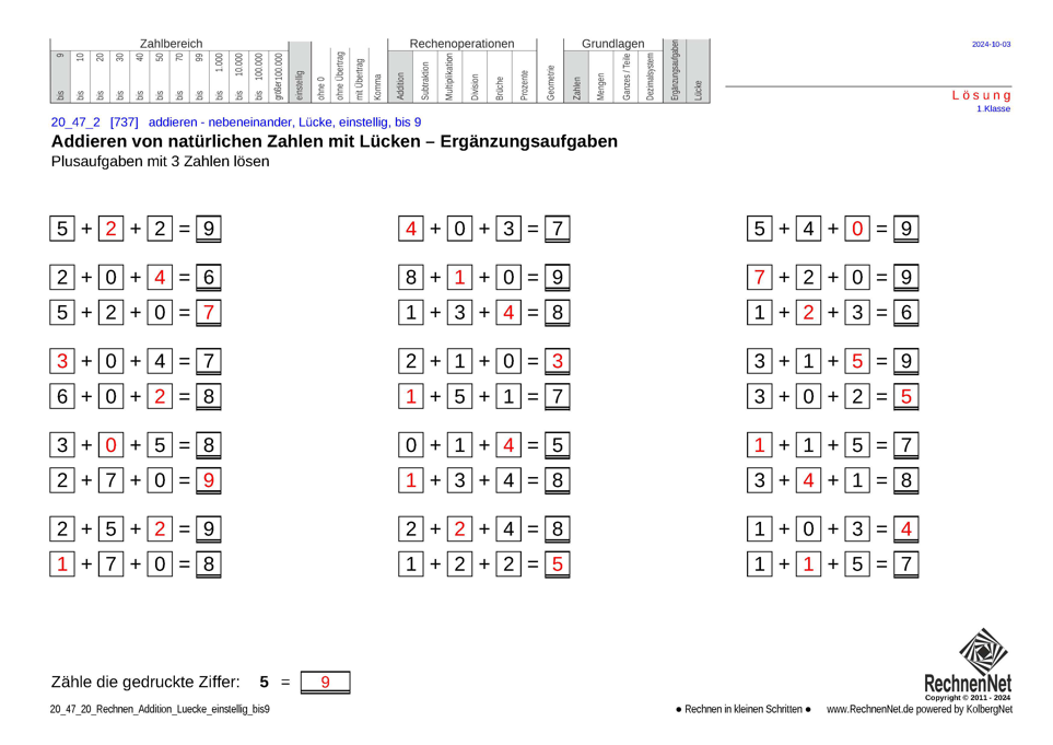 Lösung: 20_47_2 Rechnen Addition Lücke einstellig bis9