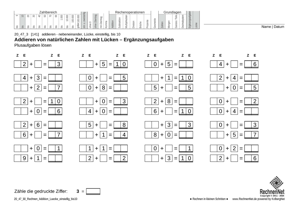 20_47_3 Rechnen Addition Lücke einstellig bis10