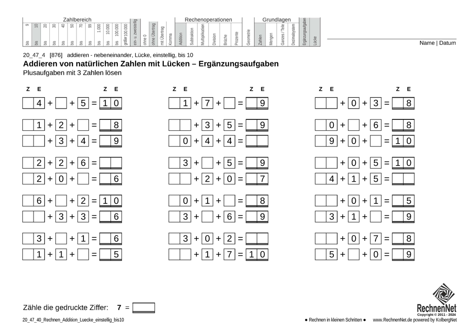 20_47_4 Rechnen Addition Lücke einstellig bis10