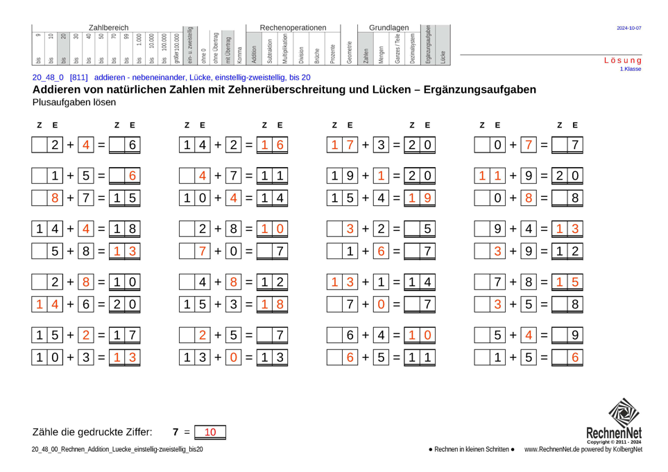 Lösung: 20_48_0 Rechnen Addition Lücke einstellig-zweistellig bis20