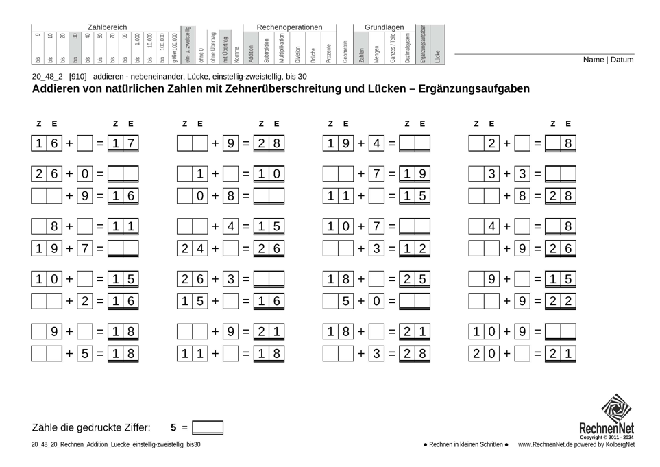 20_48_2 Rechnen Addition Lücke einstellig-zweistellig bis30