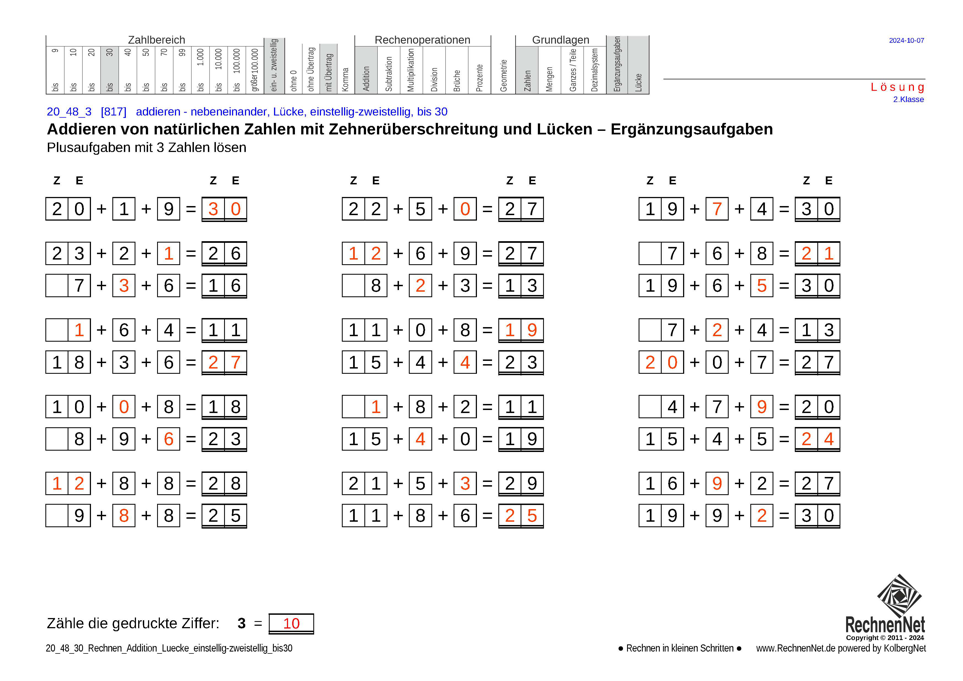 Lösung: 20_48_3 Rechnen Addition Lücke einstellig-zweistellig bis30