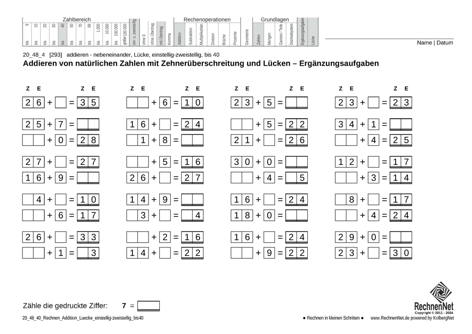 20_48_4 Rechnen Addition Lücke einstellig-zweistellig bis40