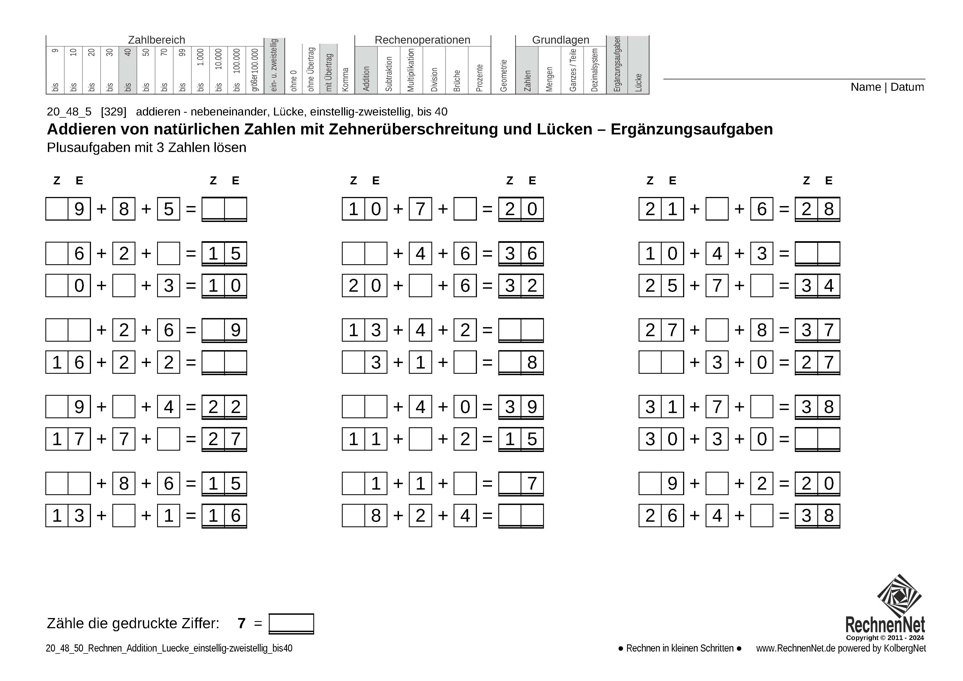 20_48_5 Rechnen Addition Lücke einstellig-zweistellig bis40