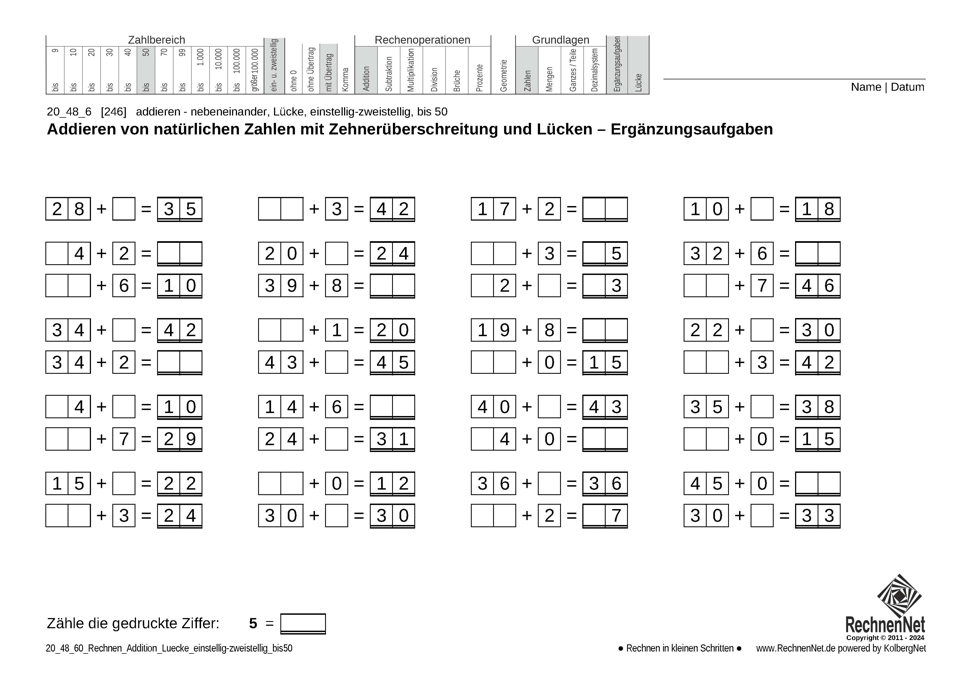 20_48_6 Rechnen Addition Lücke einstellig-zweistellig bis50