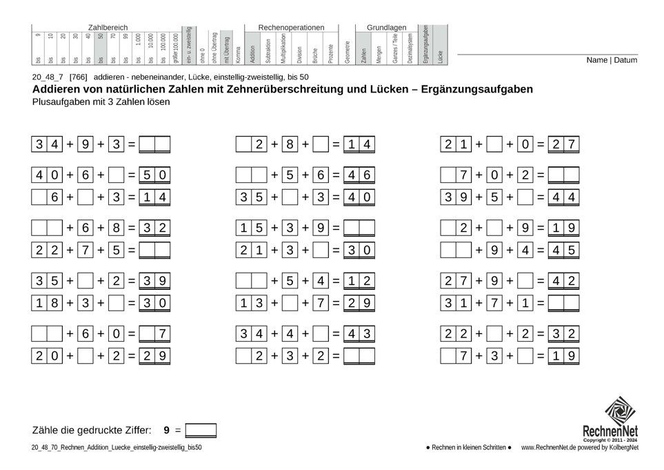 20_48_7 Rechnen Addition Lücke einstellig-zweistellig bis50