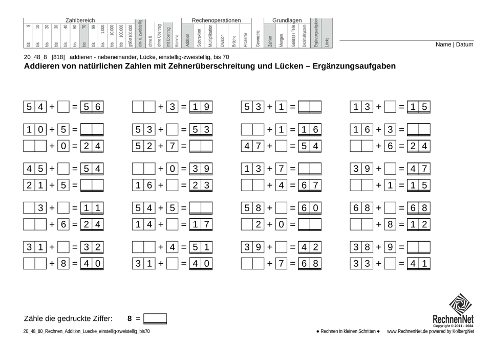 20_48_8 Rechnen Addition Lücke einstellig-zweistellig bis70