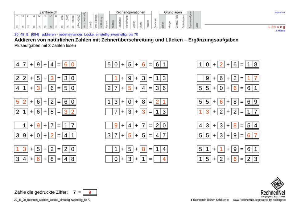 Lösung: 20_48_9 Rechnen Addition Lücke einstellig-zweistellig bis70