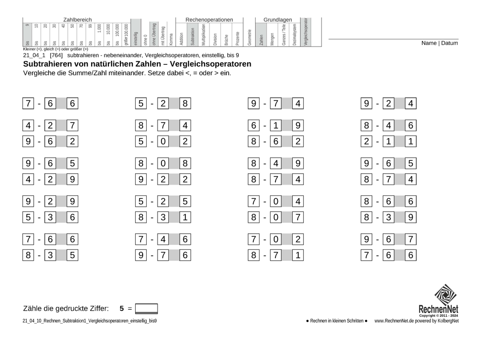21_04_1 Rechnen Subtraktion Vergleichsoperatoren einstellig bis9