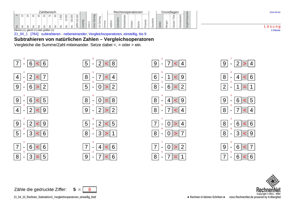 Lösung: 21_04_1 Rechnen Subtraktion Vergleichsoperatoren einstellig bis9