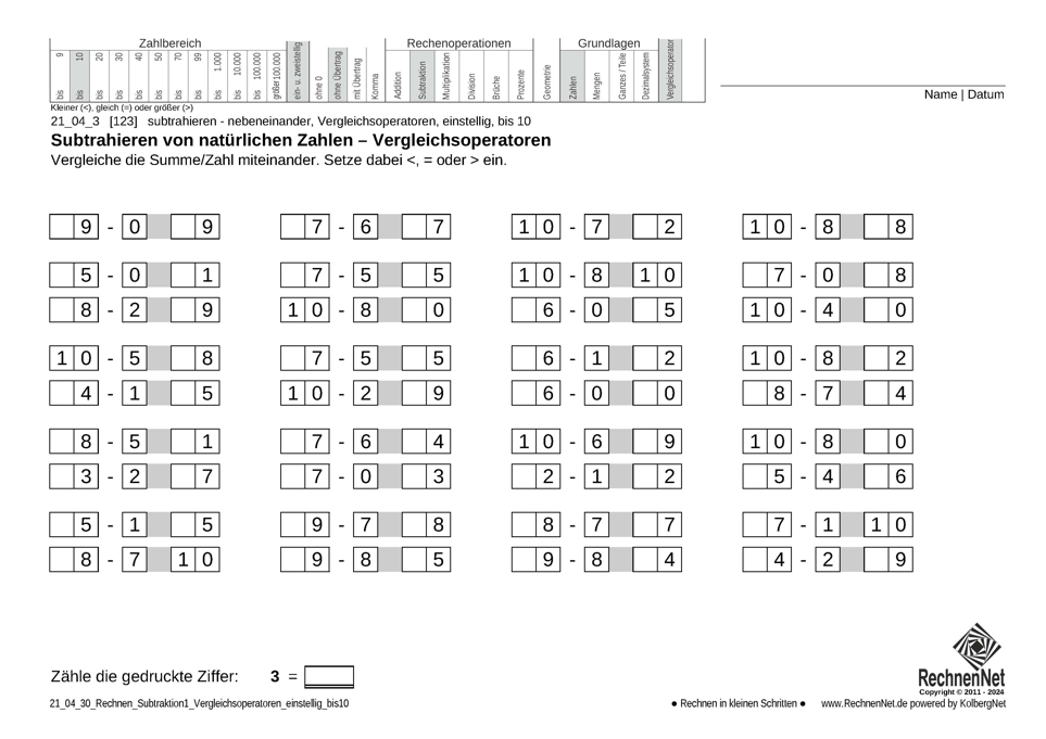 21_04_3 Rechnen Subtraktion Vergleichsoperatoren einstellig bis10