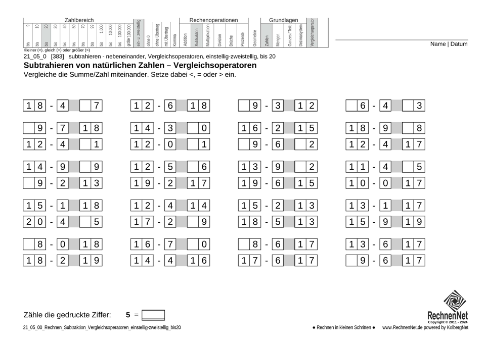 21_05_0 Rechnen Subtraktion Vergleichsoperatoren einstellig-zweistellig bis20