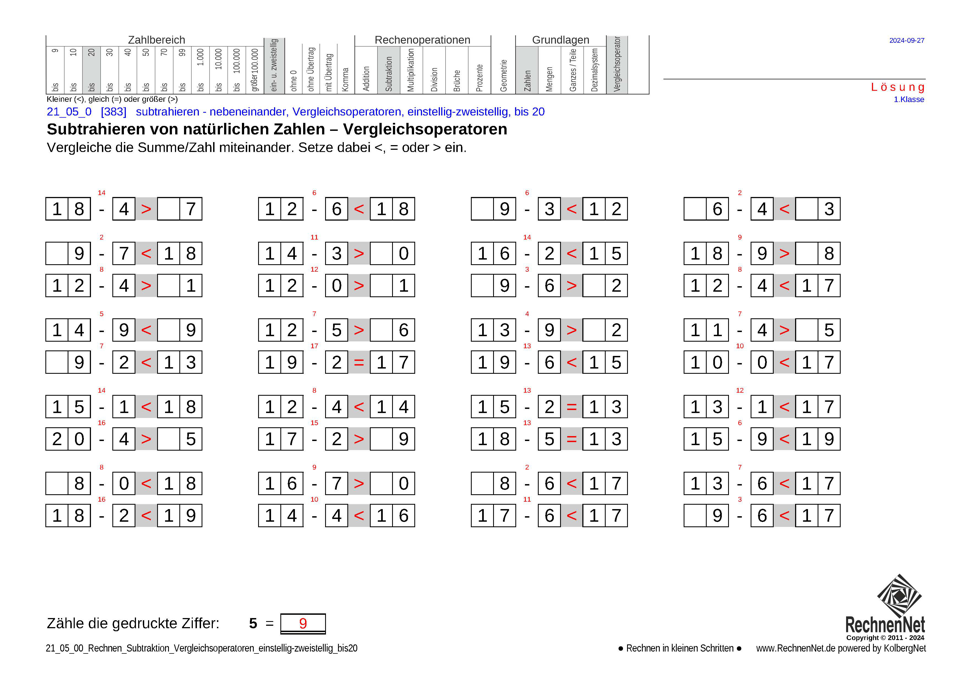 Lösung: 21_05_0 Rechnen Subtraktion Vergleichsoperatoren einstellig-zweistellig bis20