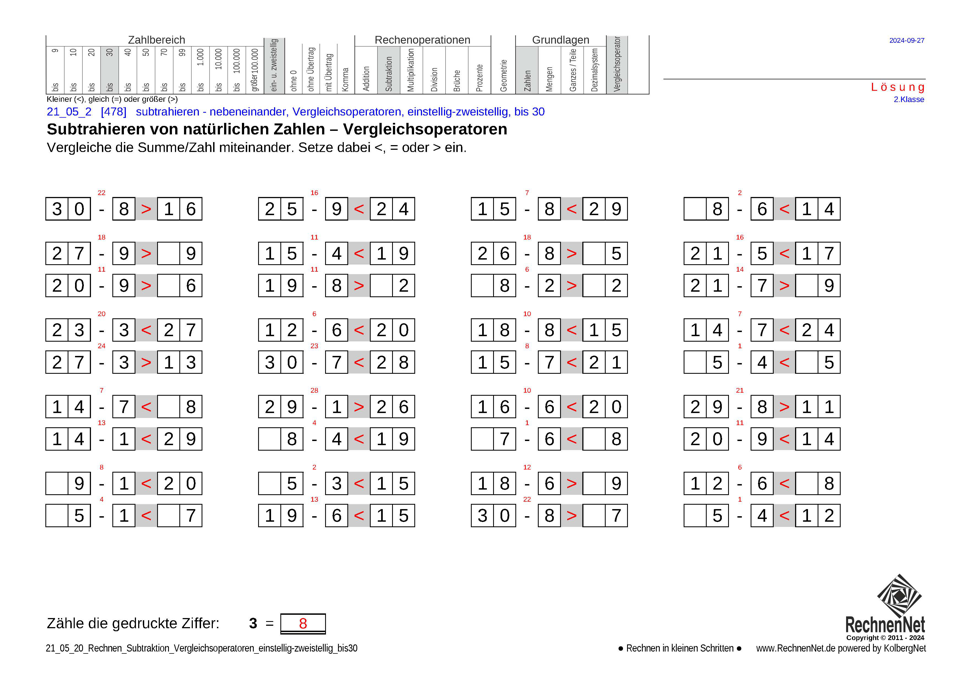 Lösung: 21_05_2 Rechnen Subtraktion Vergleichsoperatoren einstellig-zweistellig bis30
