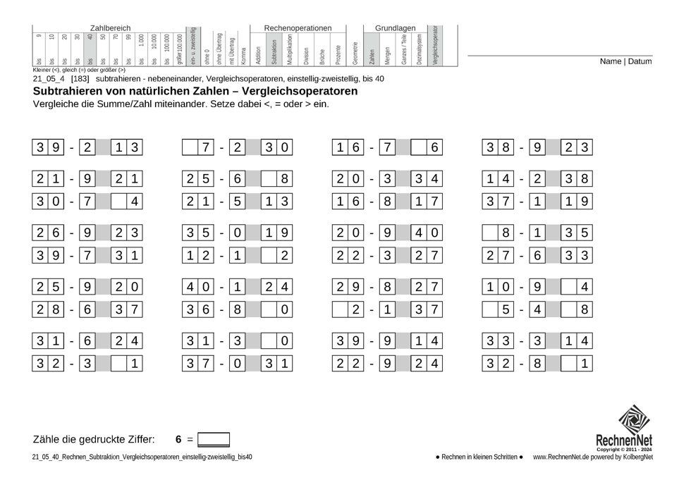 21_05_4 Rechnen Subtraktion Vergleichsoperatoren einstellig-zweistellig bis40