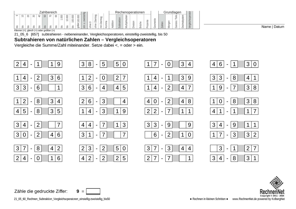 21_05_6 Rechnen Subtraktion Vergleichsoperatoren einstellig-zweistellig bis50