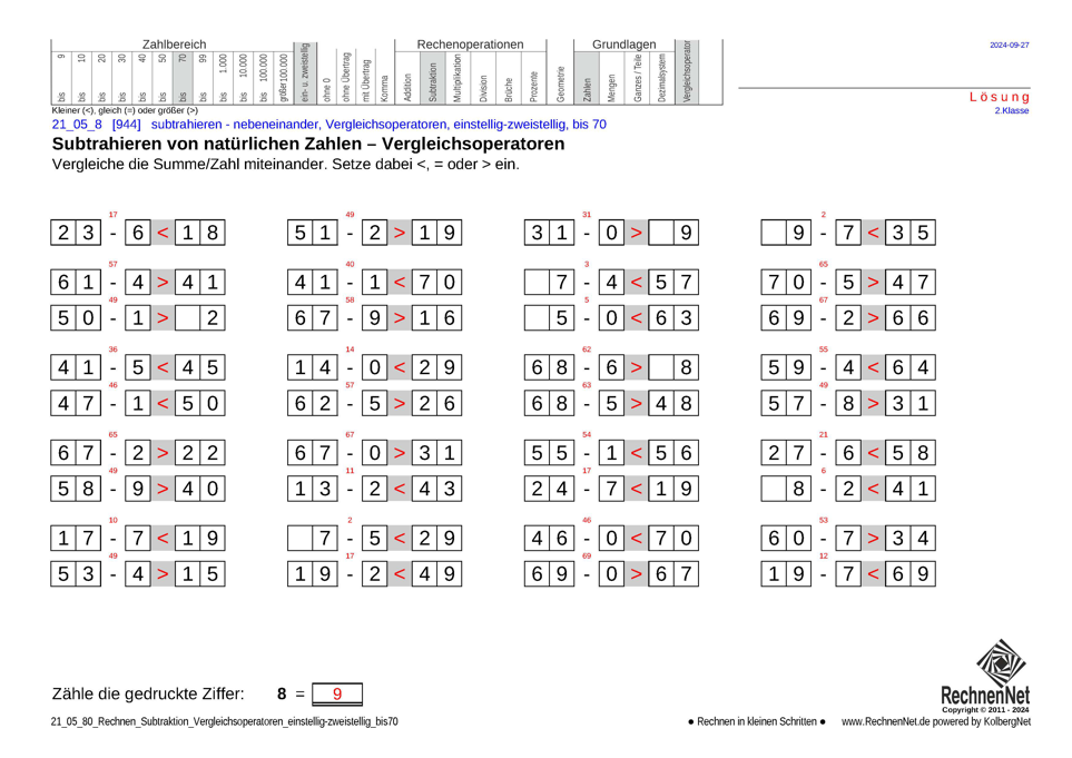 Lösung: 21_05_8 Rechnen Subtraktion Vergleichsoperatoren einstellig-zweistellig bis70
