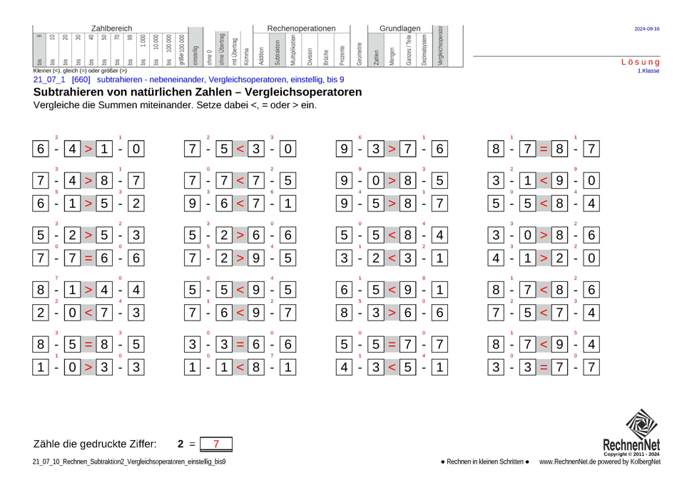 Lösung: 21_07_1 Rechnen Subtraktion Vergleichsoperatoren einstellig bis9