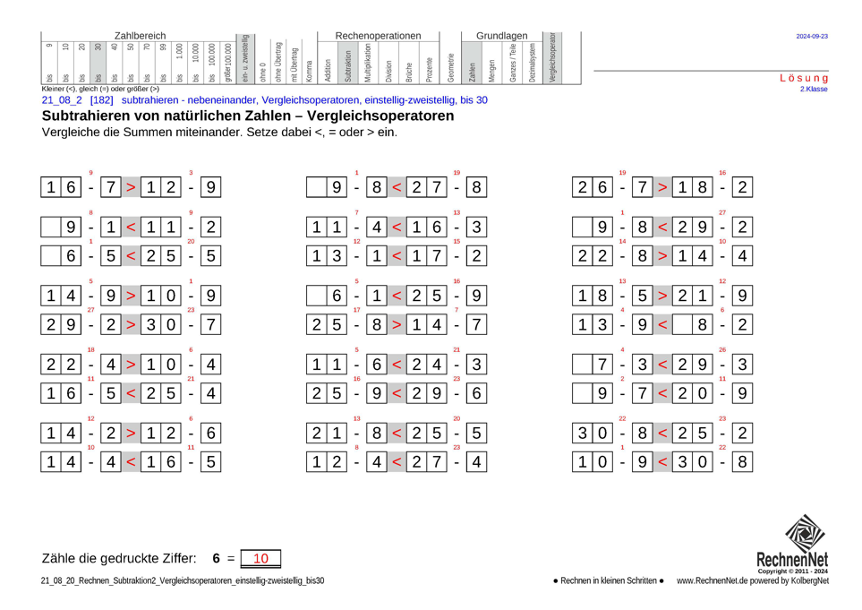 Lösung: 21_08_2 Rechnen Subtraktion Vergleichsoperatoren einstellig-zweistellig bis30