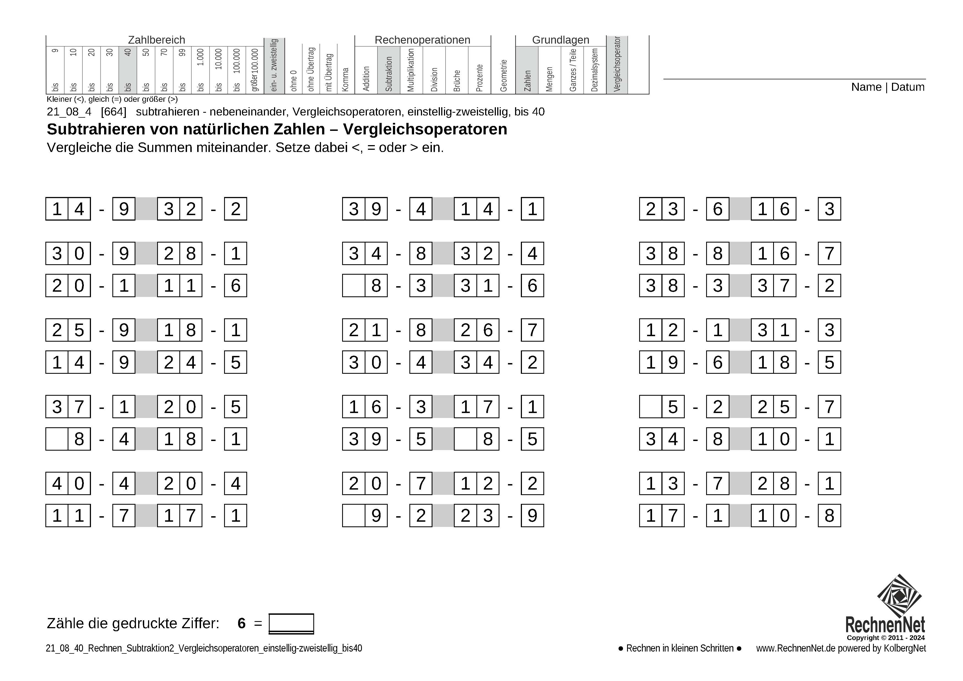 21_08_4 Rechnen Subtraktion Vergleichsoperatoren einstellig-zweistellig bis40