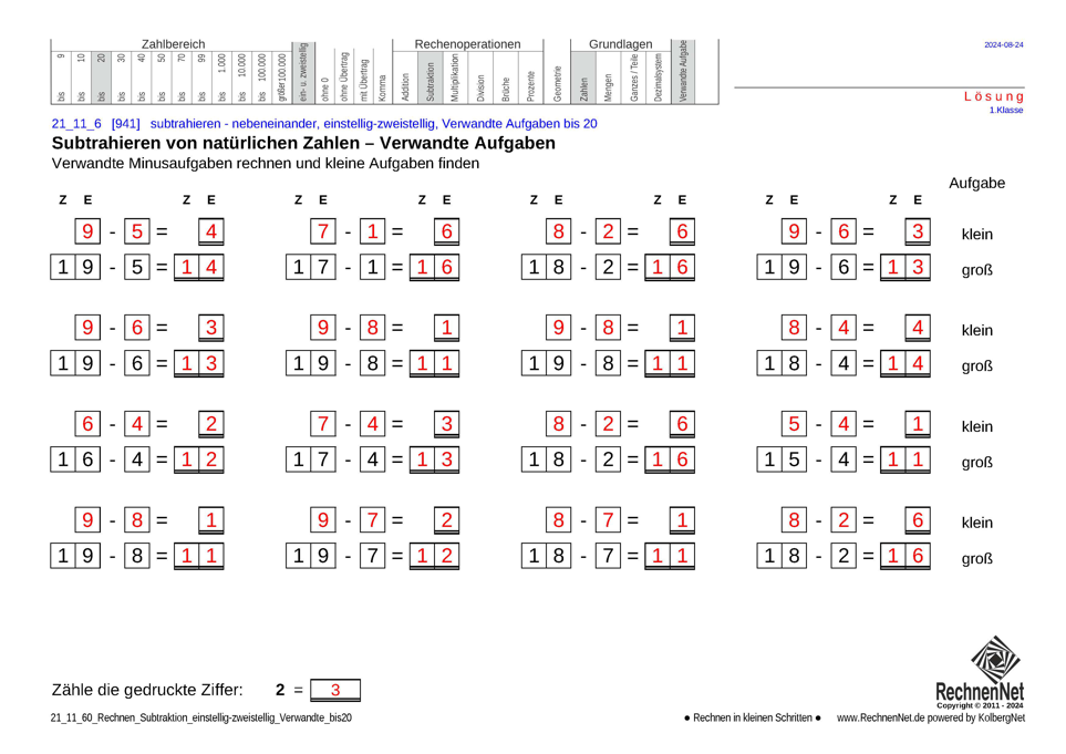Lösung: 21_11_6 Rechnen Subtraktion einstellig-zweistellig Verwandte bis20