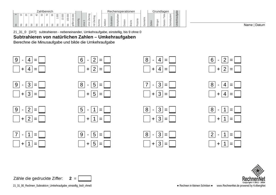 21_24_0 Rechnen Subtraktion Umkehraufgabe einstellig bis9 ohne0