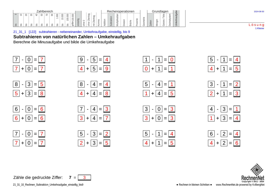 Lösung: 21_24_1 Rechnen Subtraktion Umkehraufgabe einstellig bis9