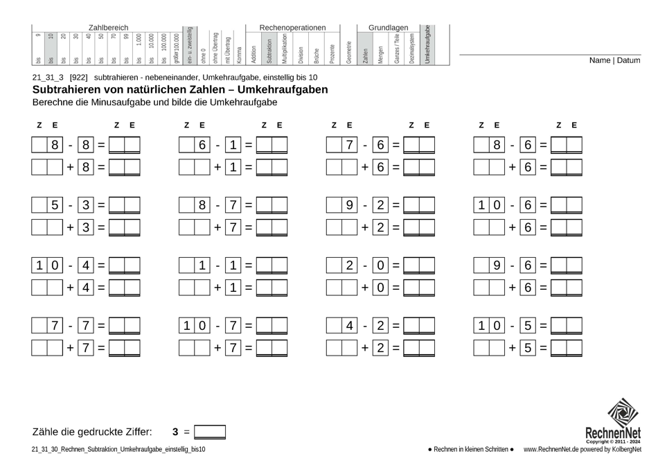 21_24_3 Rechnen Subtraktion Umkehraufgabe einstellig bis10