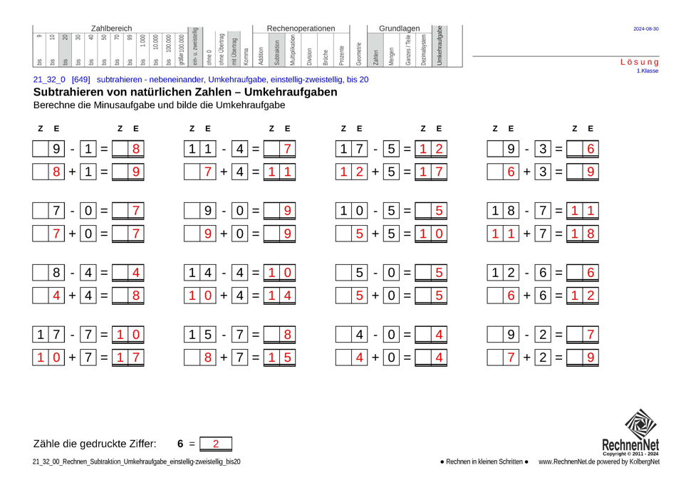 Lösung: 21_25_0 Rechnen Subtraktion Umkehraufgabe einstellig-zweistellig bis20