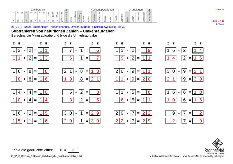 Lösung: 21_25_2 Rechnen Subtraktion Umkehraufgabe einstellig-zweistellig bis30