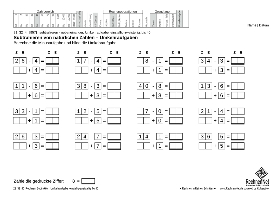 21_25_4 Rechnen Subtraktion Umkehraufgabe einstellig-zweistellig bis40