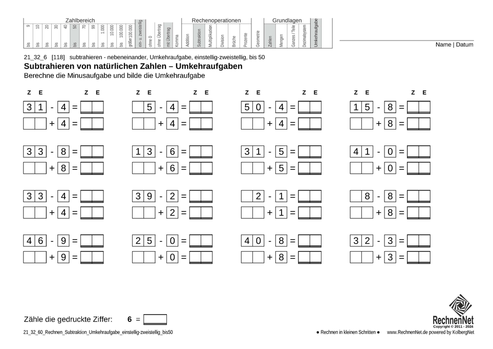 21_25_6 Rechnen Subtraktion Umkehraufgabe einstellig-zweistellig bis50