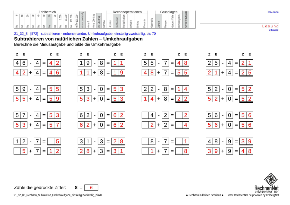 Lösung: 21_25_8 Rechnen Subtraktion Umkehraufgabe einstellig-zweistellig bis70