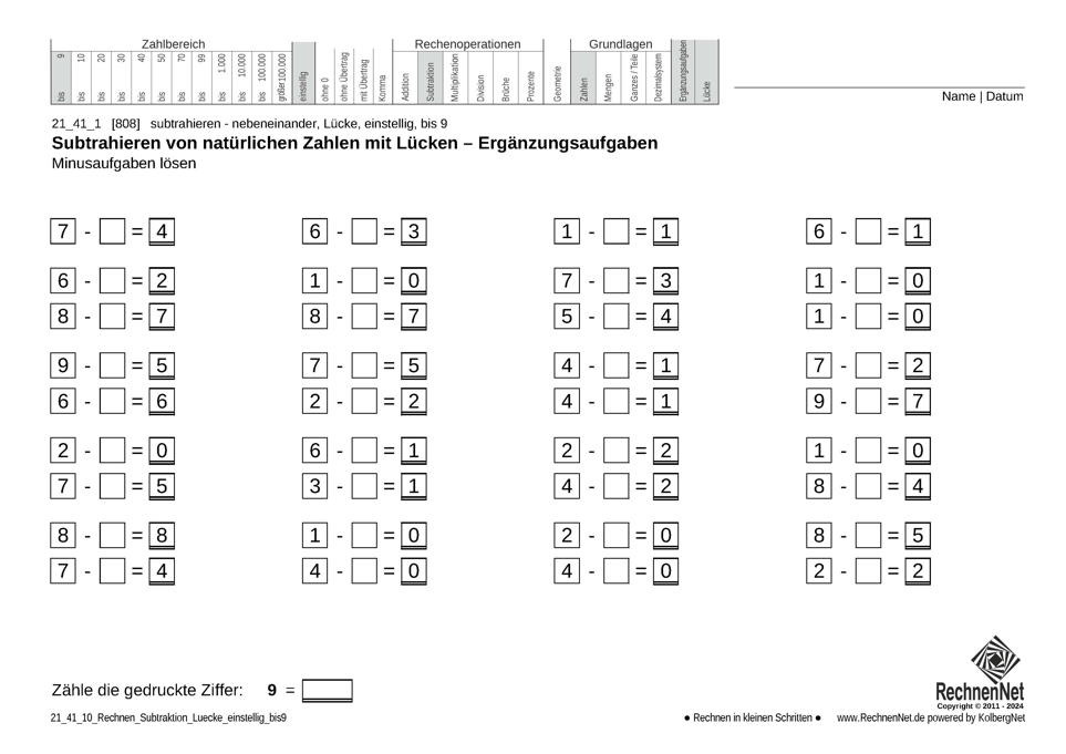 21_41_1 Rechnen Subtraktion Lücke einstellig bis9