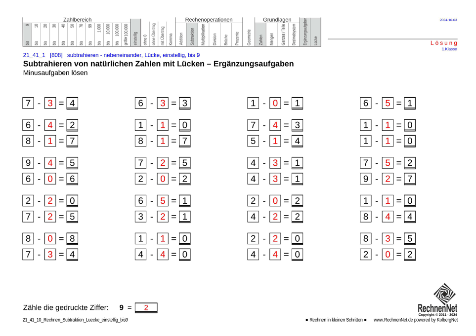 Lösung: 21_41_1 Rechnen Subtraktion Lücke einstellig bis9