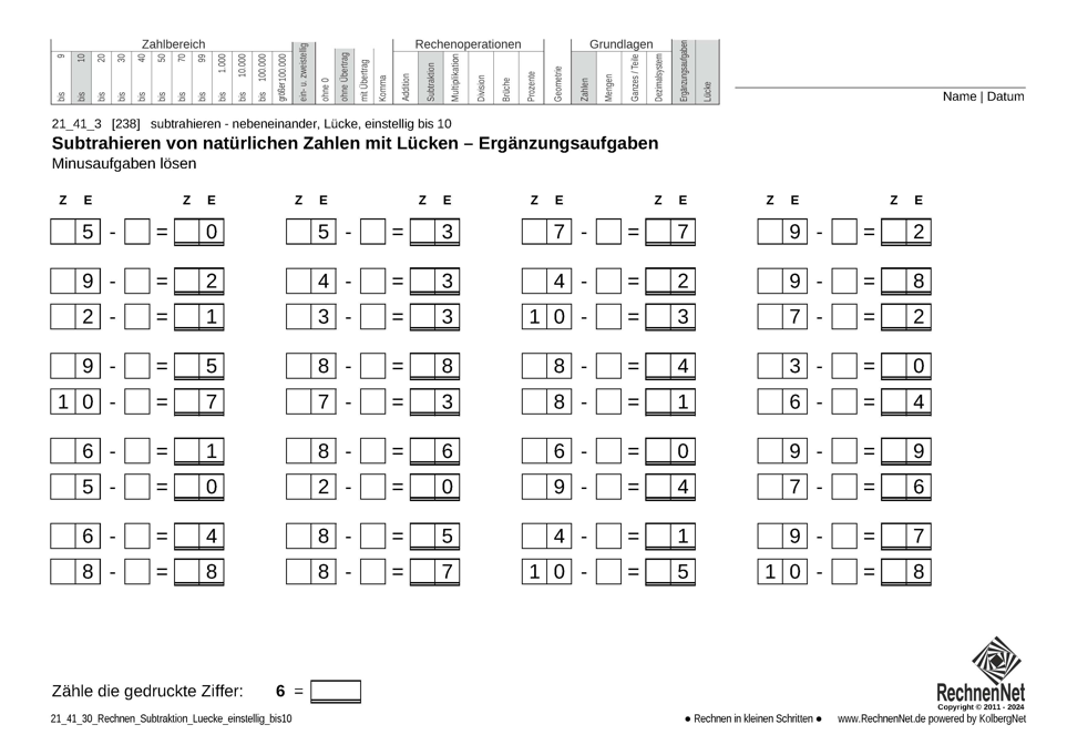 21_41_3 Rechnen Subtraktion Lücke einstellig bis10