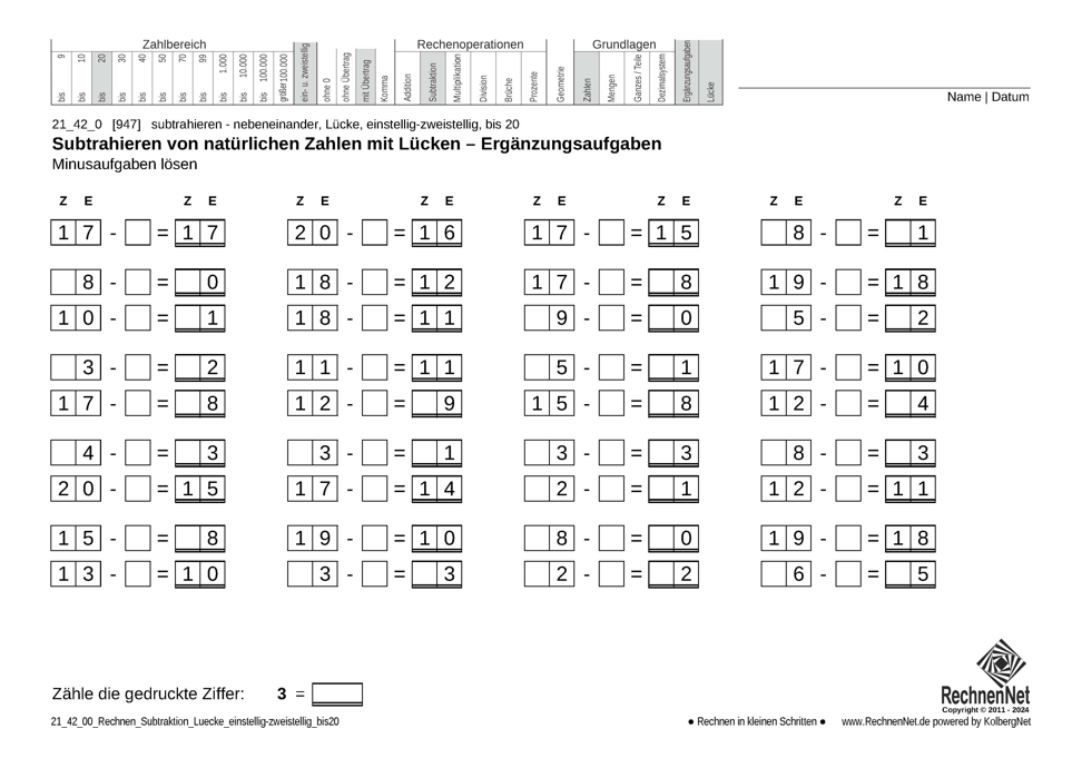 21_42_0 Rechnen Subtraktion Lücke einstellig-zweistellig bis20