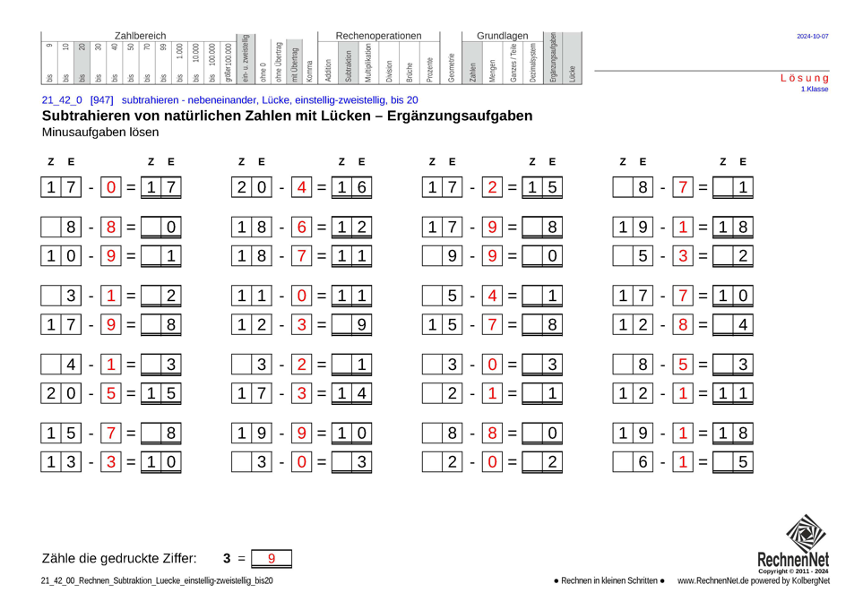 Lösung: 21_42_0 Rechnen Subtraktion Lücke einstellig-zweistellig bis20