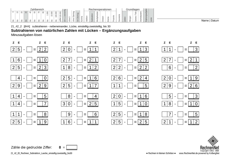 21_42_2 Rechnen Subtraktion Lücke einstellig-zweistellig bis30