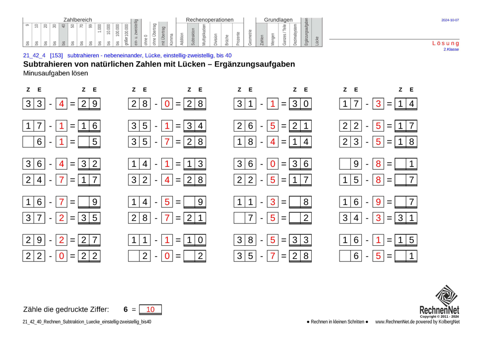 Lösung: 21_42_4 Rechnen Subtraktion Lücke einstellig-zweistellig bis40