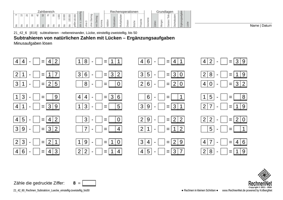 21_42_6 Rechnen Subtraktion Lücke einstellig-zweistellig bis50