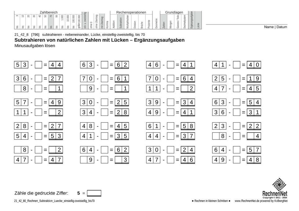 21_42_8 Rechnen Subtraktion Lücke einstellig-zweistellig bis70