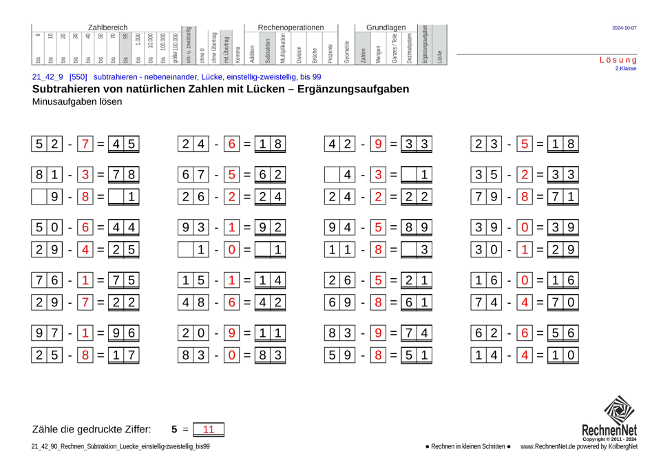 Lösung: 21_42_9 Rechnen Subtraktion Lücke einstellig-zweistellig bis99