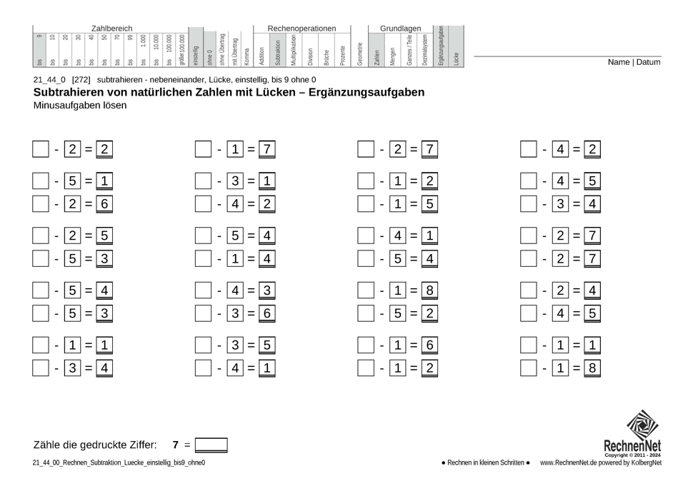 21_44_0 Rechnen Subtraktion Lücke einstellig bis9 ohne0