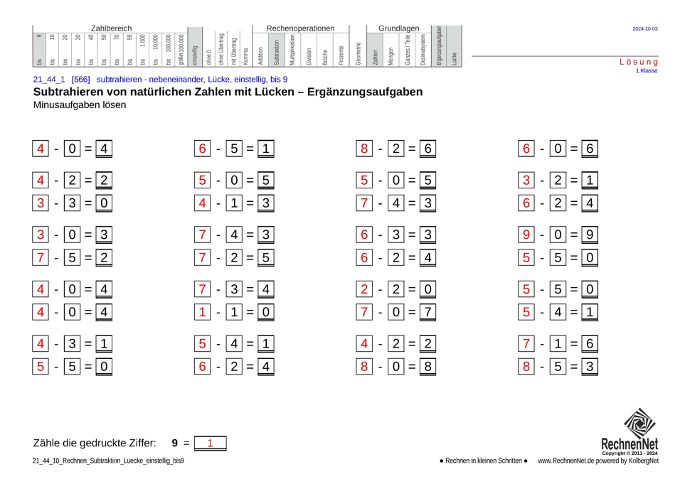 Lösung: 21_44_1 Rechnen Subtraktion Lücke einstellig bis9