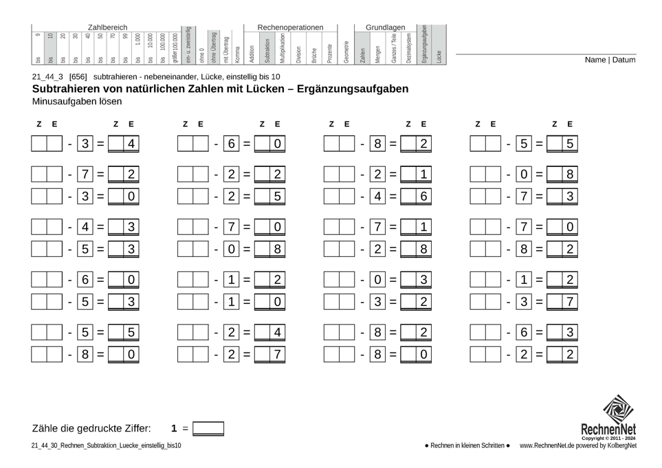 21_44_3 Rechnen Subtraktion Lücke einstellig bis10