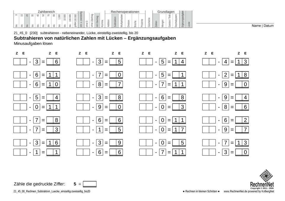 21_45_0 Rechnen Subtraktion Lücke einstellig-zweistellig bis20